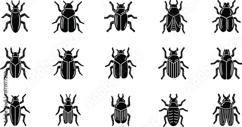 Collection of fifteen black beetle with varied shapes and details insect silhouette