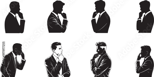 Stylized thinking pose illustration set, black silhouette and polygonal designs, contemplation gesture, decision-making icon, vector art, editable scalable illustration