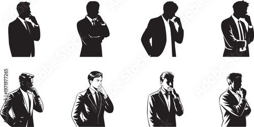 Stylized thinking pose illustration set, black silhouette and polygonal designs, contemplation gesture, decision-making icon, vector art, editable scalable illustration