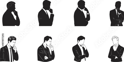 Stylized thinking pose illustration set, black silhouette and polygonal designs, contemplation gesture, decision-making icon, vector art, editable scalable illustration