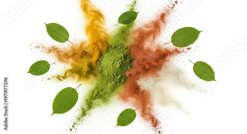 Wallpaper Mural Mitragyna Speciosa leaves with an explosion of vibrant botanical powders, healthy natural supplement concept Torontodigital.ca