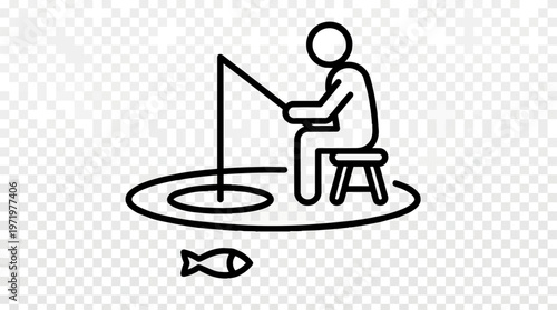 Man ice fishing on frozen lake.