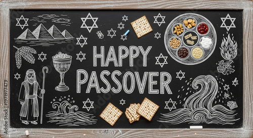 Wallpaper Mural Happy Passover Chalkboard Design with Traditional Jewish Symbols, Seder Plate, and Matzah Torontodigital.ca
