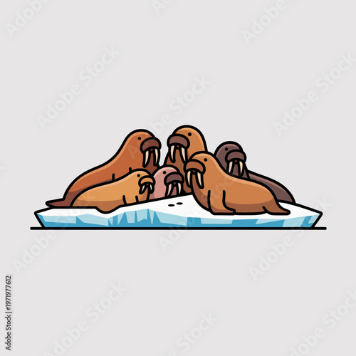 Cute cartoon walrus group resting together on a floating iceberg in the arctic ocean featuring simple flat vector illustration style with bold outlines and minimalist design
