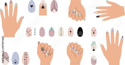 Hands with nail art designs.