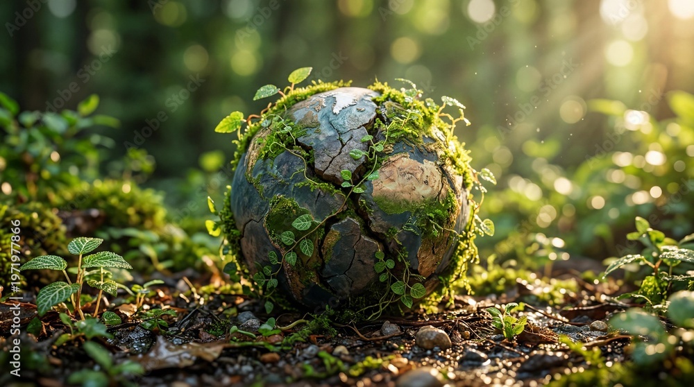 Fototapeta premium Cracked earth ball with green moss and plants in forest symbolizing nature and environment
