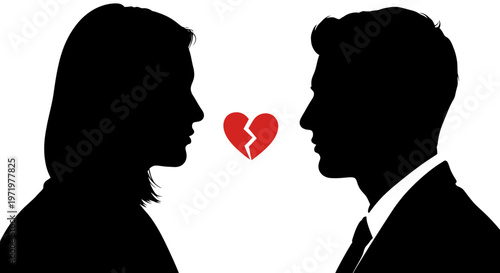 Broken Heart Silhouette Couple Facing Each Other, Relationship Conflict, Sadness