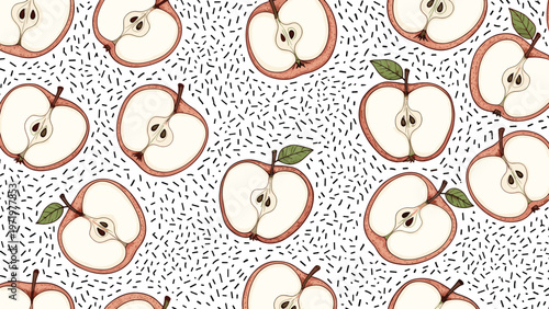 Pattern of detailed apple halves with green leaves on a textured black and white speckled background for kitchen themes.