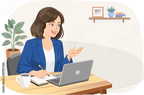 Foto A smiling young professional woman working from home using a laptop while taking notes
