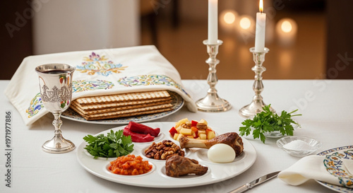 Wallpaper Mural Traditional Passover Seder Table Setting with Matzah, Seder Plate, and Lit Candles Torontodigital.ca