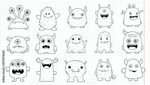 Collection of hand-drawn monster doodles on a blue grid background shows diverse funny creatures with various horns, eyes, and shapes.