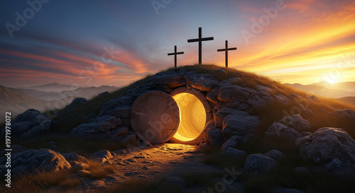 Wallpaper Mural Empty tomb with glowing light and three crosses on a grassy hill, symbolizing the resurrection of Jesus Christ at sunrise Torontodigital.ca