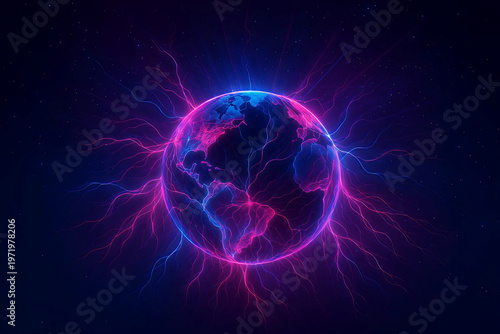 Futuristic Digital Earth with Vibrant Neon Electric Energy Arcs. Abstract Glowing Energy Sphere of Earth with Pink and Blue Lightning.