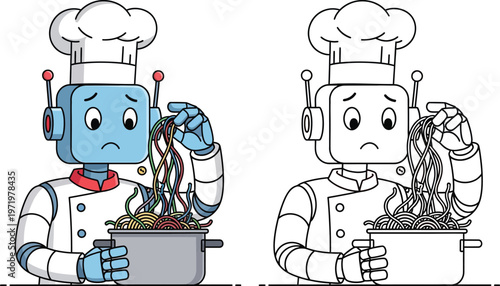 Sad Chef Robot with Tangled Spaghetti Humorous Kitchen Malfunction Illustration