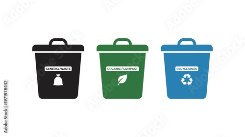 Minimalist vector icons of three labeled waste bins—general waste, organic compost, and recyclables—symbolizing environmental awareness, recycling, composting, and proper disposal practices for sustai