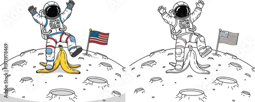 Funny Astronaut Slipping on Banana Peel on Moon Humorous Space Accident Illustration