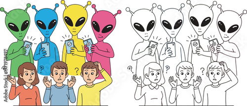 Colorful Aliens Taking Selfies with Confused Humans Humorous Culture Clash Vector