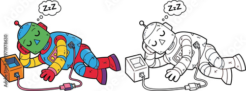 Sleeping Robot Charging Cute Cartoon Vector Illustration with Zzz Bubble