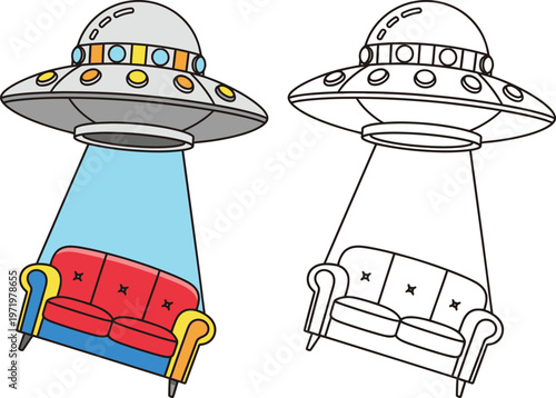 UFO Abducting a Sofa with Beam Humorous Cartoon Vector Illustration