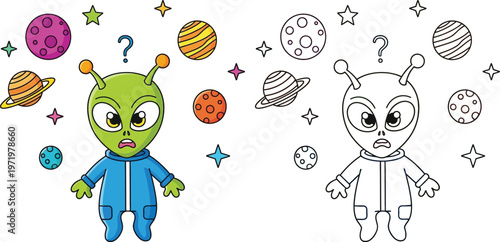 Confused Alien with Planets and Stars Cartoon Vector Illustration