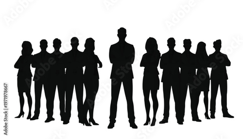 Diverse group of silhouetted people standing together, conveying unity, teamwork, and leadership with copy.