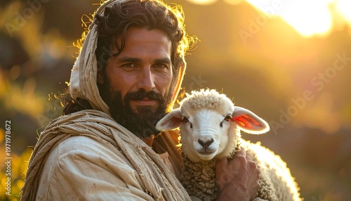 Bearded man holds a fluffy sheep against a golden, blurred background