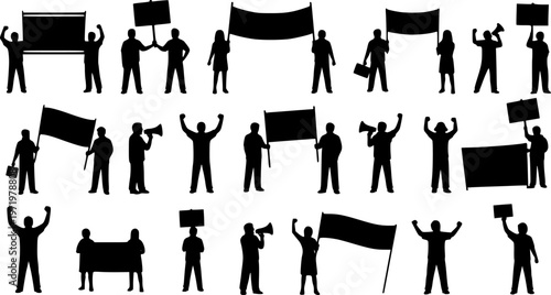 Silhouette set of protesters in various poses holding placards banners signs and speaking through loudspeaker protesting at street march on white background vector illustration