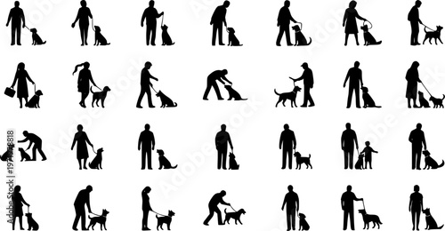 Group people all ages activities with dogs vector silhouette set collection.
