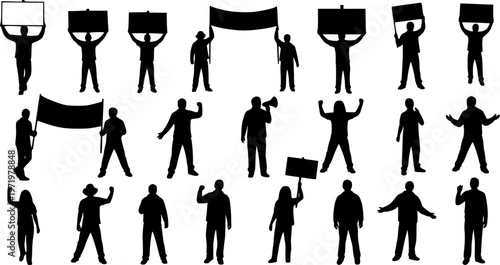Silhouette set of protesters in various poses holding placards banners signs and speaking through loudspeaker protesting at street march on white background vector illustration