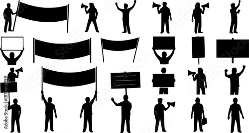 Silhouette set of protesters in various poses holding placards banners signs and speaking through loudspeaker protesting at street march on white background vector illustration