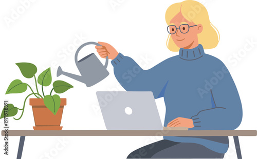 Woman waters plant while working on laptop indoors