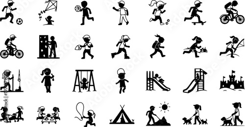 Kids doing various outdoor activities hobbies and sports outdoors vector silhouette set collection.
