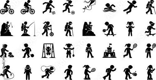 Kids doing various outdoor activities hobbies and sports outdoors vector silhouette set collection.
