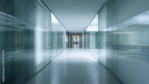 Modern, bright, long corridor with glass walls, creating a sense of motion