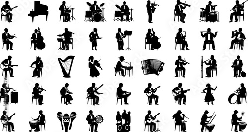 Large group silhouettes set of musicians playing various musical instruments vector collection.
