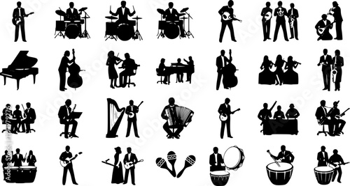 Large group silhouettes set of musicians playing various musical instruments vector collection.
