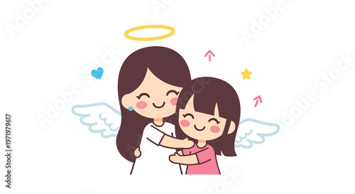 Loving Mother and Daughter Embrace with Angel Wings and Halo Vector Illustration on White Background for Family Love and Mother's Day Concepts
