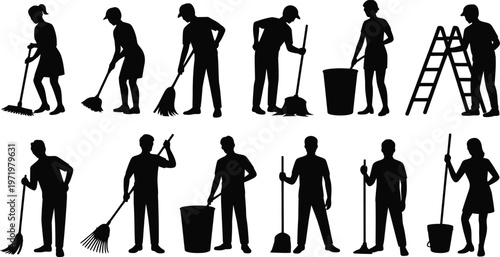 Silhouettes of cleaning staff diverse roles in janitorial and maintenance work