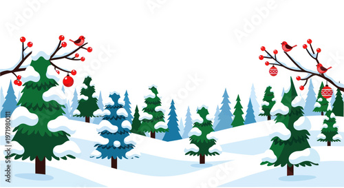 Winter Snow Forest Landscape with Birds and Ornaments