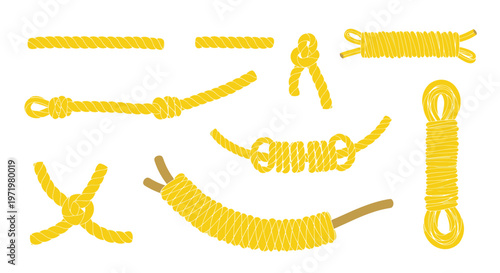 Collection of Yellow Knots and Ropes Isolated on White Background - Vector Illustration