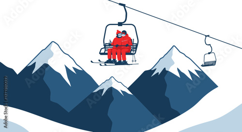 Couple on ski lift ascending snowy mountains, winter sport, romance