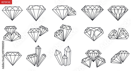 Diamond Crystal Icons Set - Geometric Gemstone Vector Illustrations