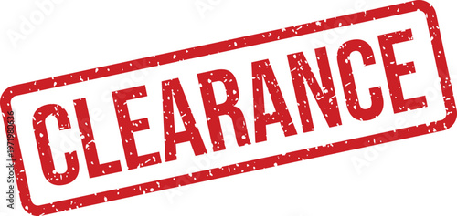 A vibrant red grungy rubber stamp prominently featuring the word CLEARANCE on a clean white surface