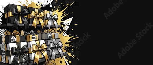 Black Friday Retail Presents with Gold and Silver Ribbons on Elegant Display