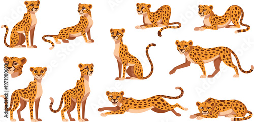 Cheetah Wild Animal Cartoon Set with Different Poses Running, Sitting and Resting for Safari Wildlife Illustration, African Nature Design and Character Collection