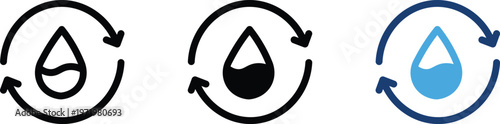 Water recycling icons with circular arrows and liquid drops, sustainable water management symbols, eco-friendly resource conservation vector set