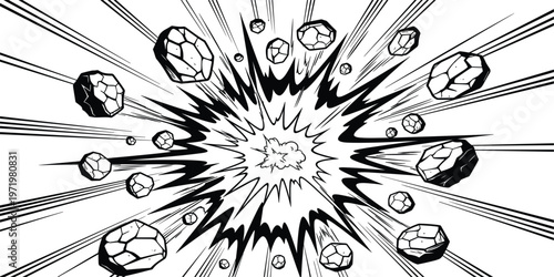 Comic Style Explosion Burst with Flying Rocks and Debris in Dynamic Action Scene for Manga, Superhero Effects, Game Design and Motion Graphic Elements