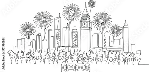 new year celebration in city, fireworks over skyscrapers