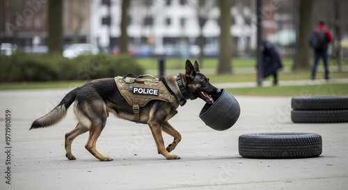 K9 Police Dog Conducting Search Exercise with Debris Bag on Urban Street with Police and Bystanders Present Emoji