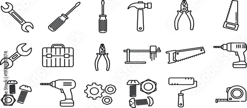 Construction and Repair Tools Outline Icon Set with Wrench, Hammer, Drill, Saw and Equipment for DIY, Workshop and Maintenance Design